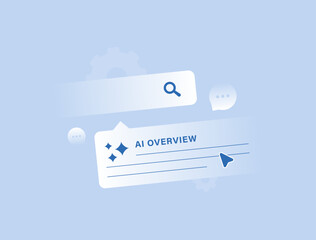 AI overviews concept improving generative search experience with summarized answers, contextual understanding. Reliable content powered by large language models and advanced algorithms illustration