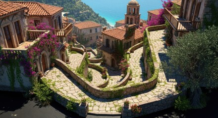 Charming Mediterranean Village Street with Cobblestone Path and Colorful Flowers Overlooking Ocean