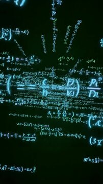 Greenscreen Background Element with camera flies through math formulas on calculations functions equations matrix made up of abstract cognitive process concept seamless loop chromakey distortion