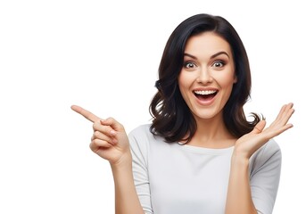 Excited woman pointing to something on the side, happy and showing excitement