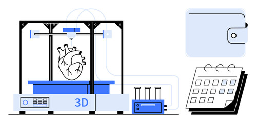 3D printer creating heart model, lab equipment nearby, calendar and wallet representing innovation, planning, cost, and healthcare. Ideal for medical, technology, research innovation future