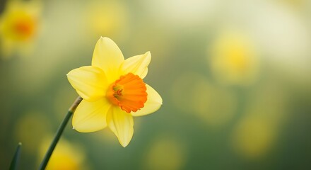 A single yellow daffodil flower with an orange center blooms in a soft blurred background scene outdoors