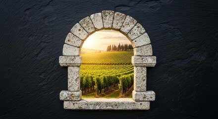 Stone Window Frame Looking Out Onto Vineyard Sunset Landscape