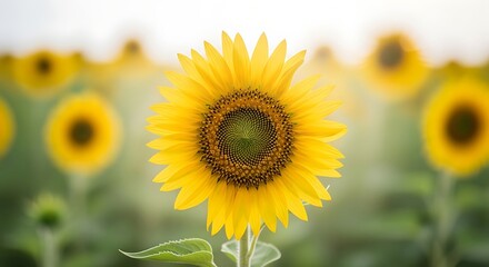 Fototapeta premium A close up of a vibrant sunflower in a field with other sunflowers blurred in the background view