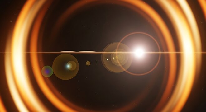 Abstract image of concentric orange circles with a bright light and lens flare on a dark background