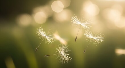 Delicate dandelion seeds floating in the air against a blurred green and golden bokeh background scene