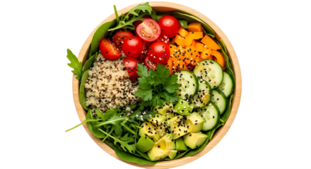 A vibrant buddha bowl featuring quinoa tomatoes cucumbers and avocado in a wooden bowl on black