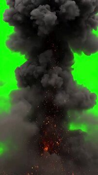 Explosion Effect with Debris on Green Screen bomb fire smoke animation 4k distortion, overlay, glitch, static noise, scan lines black background, animated video loop