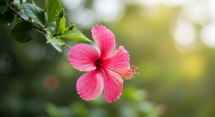 Obraz premium A close up of a vibrant pink hibiscus flower with green leaves against a blurred natural background