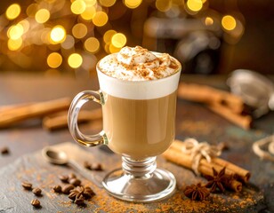 Spiced latte with whipped cream and bokeh lights