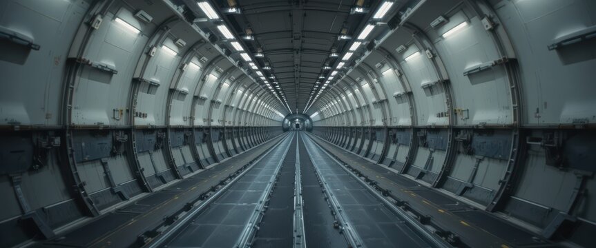 Futuristic industrial tunnel interior with metallic walls and illuminated ceiling panels leading to a vanishing point - Powered by Adobe