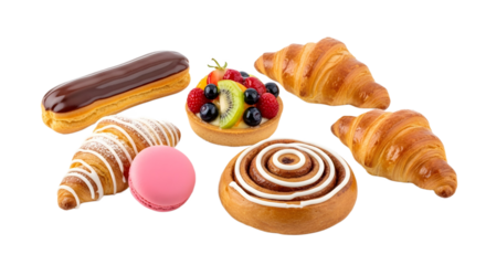 Arrangement of assorted pastries including croissants eclair and a fruit tart on a black background