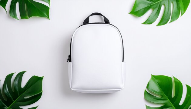 Minimalist White Backpack Surrounded by Vibrant Monstera Leaves on White Background
