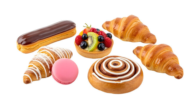 Arrangement of assorted pastries including croissants eclair and a fruit tart on a black background