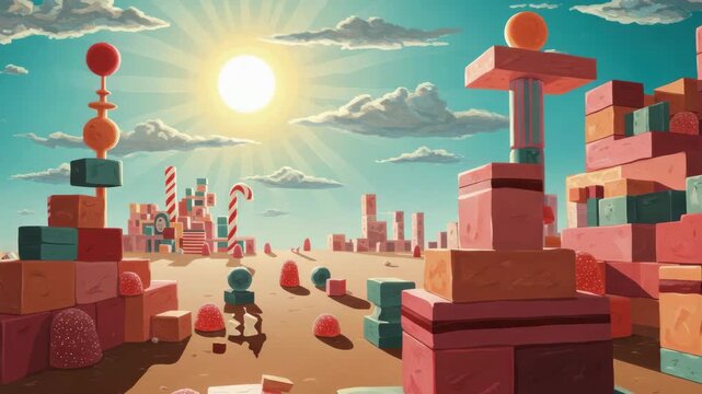 Abstract illustration of a surreal landscape with colorful geometric shapes and candy elements under a bright sun