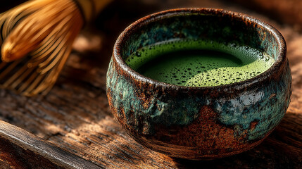 Traditional Japanese Matcha Tea in Rustic Ceramic Bowl on Wooden Table