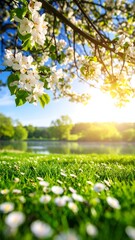 Sunlit meadow with white blossoms, lake, blue sky