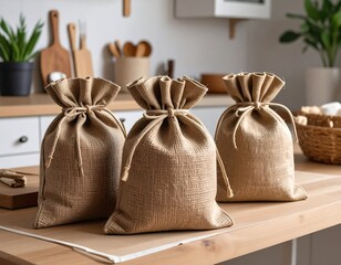 Three burlap bags tied with string in a kitchen