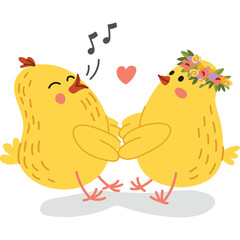 Two Cute Yellow Chicks Dancing Together With Musical Notes And A Heart Symbol Overhead On Transparent Background