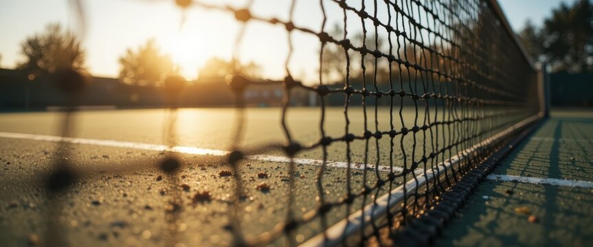 Close up of a tennis net with a blurred green court and golden sunset in the background