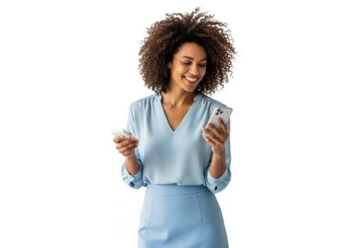 Woman holding phone and card isolated on transparent background