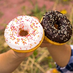 Two hands holding white and chocolate iced donuts