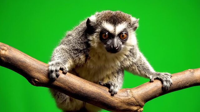 Curious ring-tailed lemur perched on a tree branch against a vibrant green backdrop.