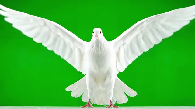 Motion & Dynamics with animation of a white pigeon taking off in slow green screen background used sky composition distortion, overlay, glitch, static noise, scan lines on black background, 4k