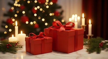 Festive Red Gift Boxes Tied With Ribbons Amidst Christmas Tree Lights and Candles