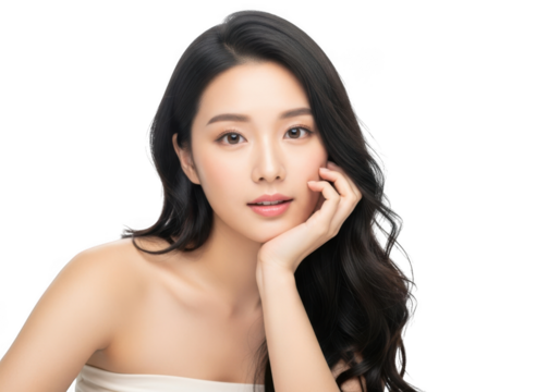 Beautiful asian woman with long dark wavy hair isolated on transparent background