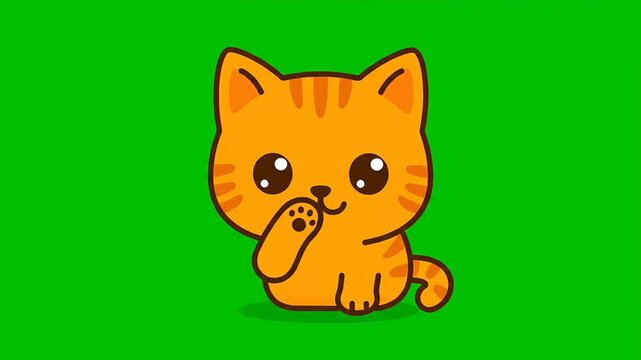 A cute orange tabby kitten sitting playfully paws up on a vibrant green screen background