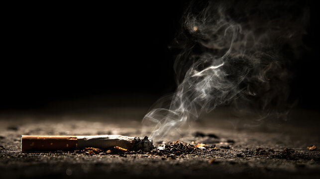 A cigarette on the ground with smoke billowing against a dark background and empty space for text. Background illustration of the dangers of smoking.