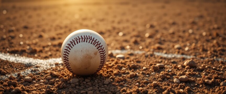 A well worn baseball rests on the dirt infield near a white foul line under warm sunlight
