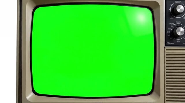 Vintage Media Display with 1990 s tv slow push in green screen distortion, overlay, glitch, static noise, scan lines on black background, 4k animated video loop