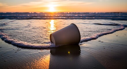 Discarded plastic cup washed ashore on a beach at sunset with gentle waves lapping the sand