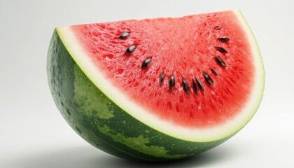 Fresh red watermelon slice showing seeds and white rind against a plain background
