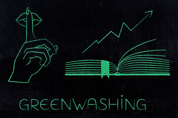 greenwashing illustration with shush hand and book representing corporate green agenda