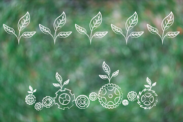 green economy illustration with leaves and gearwheel mechanism on greenery background