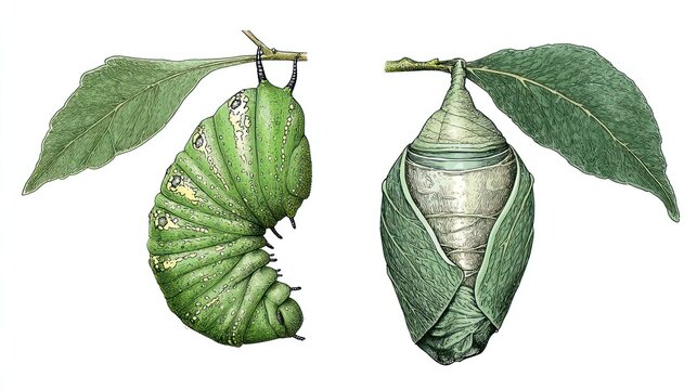 Detailed illustration of a caterpillar and its chrysalis