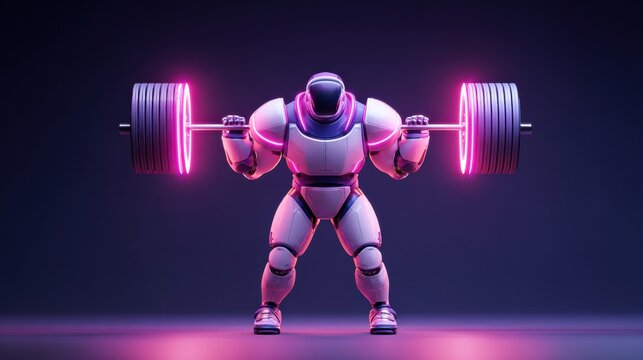 Robot Lifting Barbell in Futuristic Gym Setting With Neon Lights - Powered by Adobe