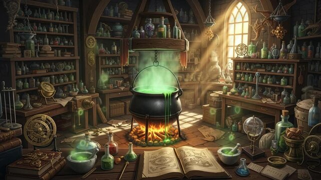Magical medieval apothecary interior with bubbling green potion and vintage glass bottles on shelves illuminated by candlelight for fantasy and wizardry themes