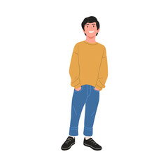Smiling boy wearing mustard sweater, blue rolled-up jeans, and black sneakers. Cute child character illustration, isolated on white background, flat vector art style.