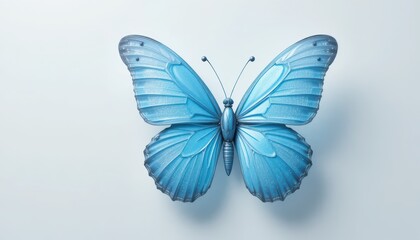Obraz premium A detailed striking blue butterfly with shimmering wings rests against a soft blue backdrop. (3d render)