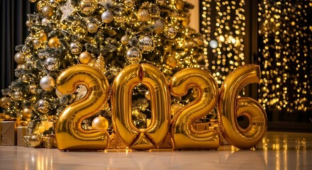 Golden Year 2026 Celebration With Sparkling Christmas Tree and Festive Lights