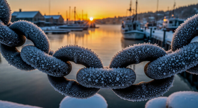 Frosted anchor chain at sunrise symbolizing resilience and frozen time - Powered by Adobe