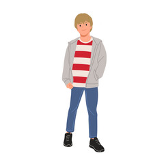 Smiling boy wearing gray jacket, red and white striped t-shirt, blue jeans, and black sneakers. Cute child character illustration, isolated on white background, flat vector art style.