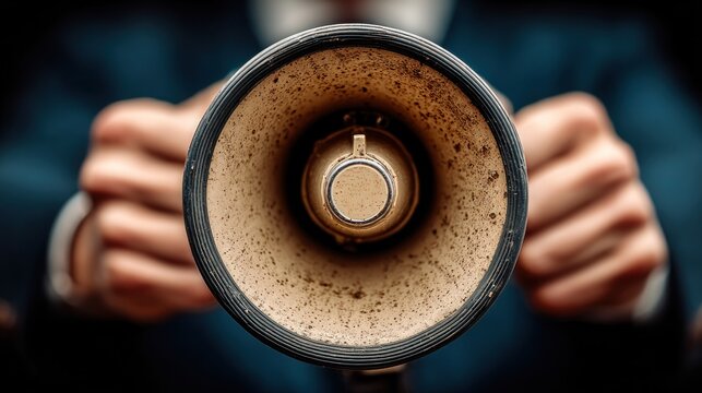 Close-up of a person holding a megaphone, aiming it towards the viewer