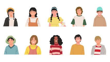 Collection of cute children portraits with different hairstyles and outfits. Diverse boys and girls smiling faces illustration, isolated on white background, flat vector character design.
