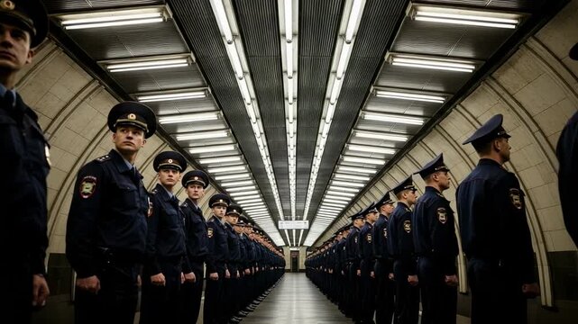 Long Line of Male Police Officers in Dark Blue Uniforms Standing in a Subway Tunnel with Fluorescent Lights