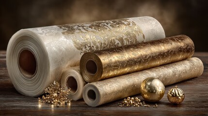 A hyperrealistic still life of wrapping paper patterns with gold accents metallic ribbons and small ornaments highlighting elegant seasonal textures
